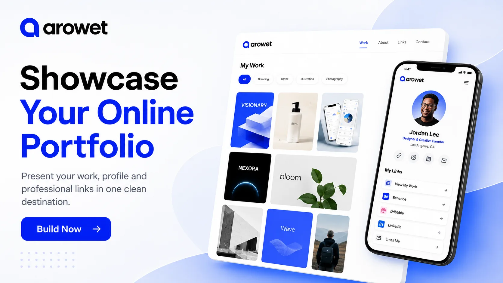 Arowet online portfolio showing creative projects, profile information and professional links on desktop and mobile