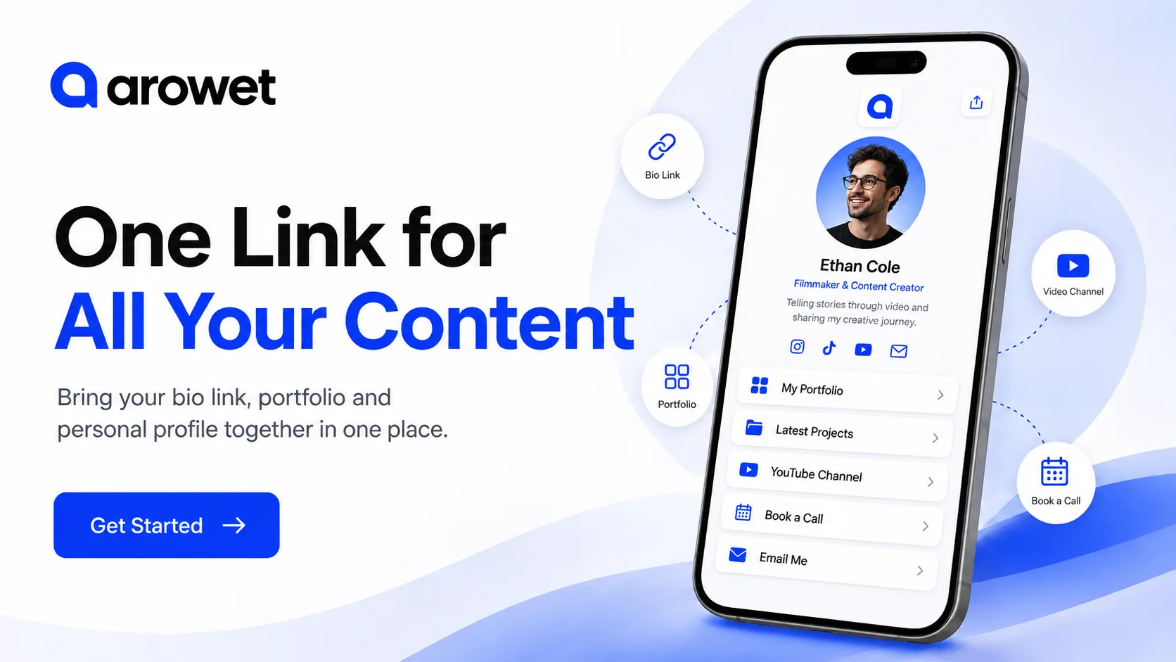 Arowet mobile profile connecting portfolio, social links and creator content through one simple link