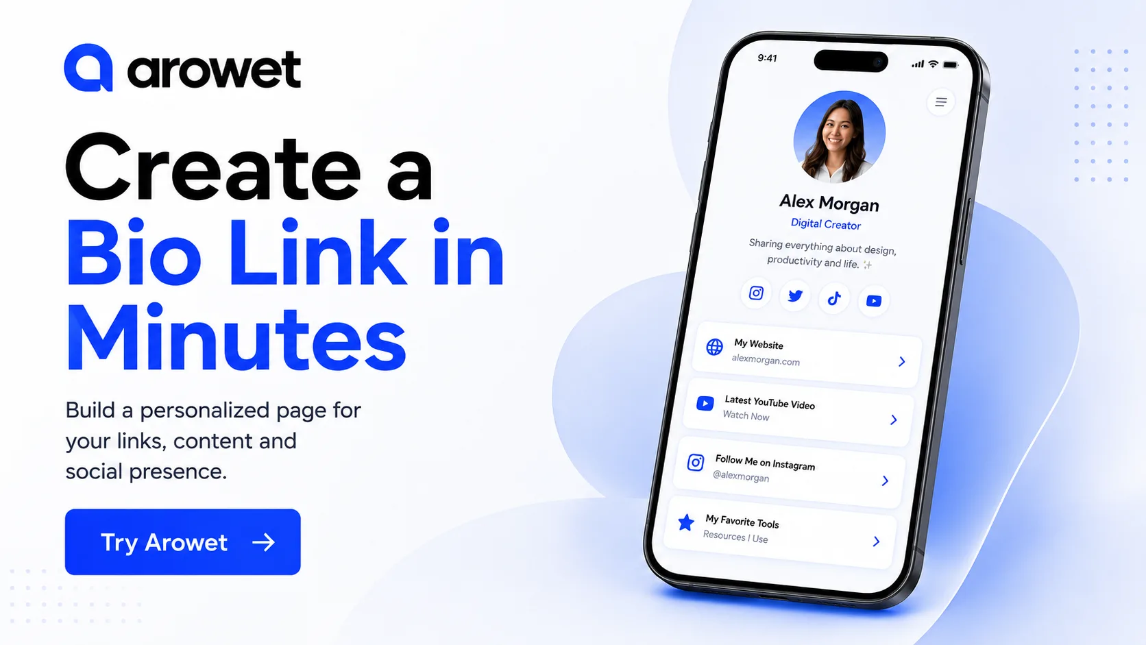 Arowet bio link page displayed on a mobile phone with customizable links and creator profile