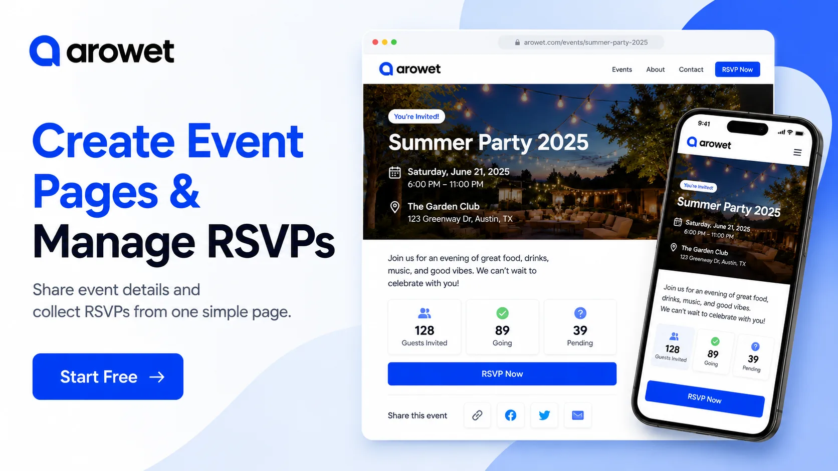 Arowet event page showing event details and RSVP management on desktop and mobile