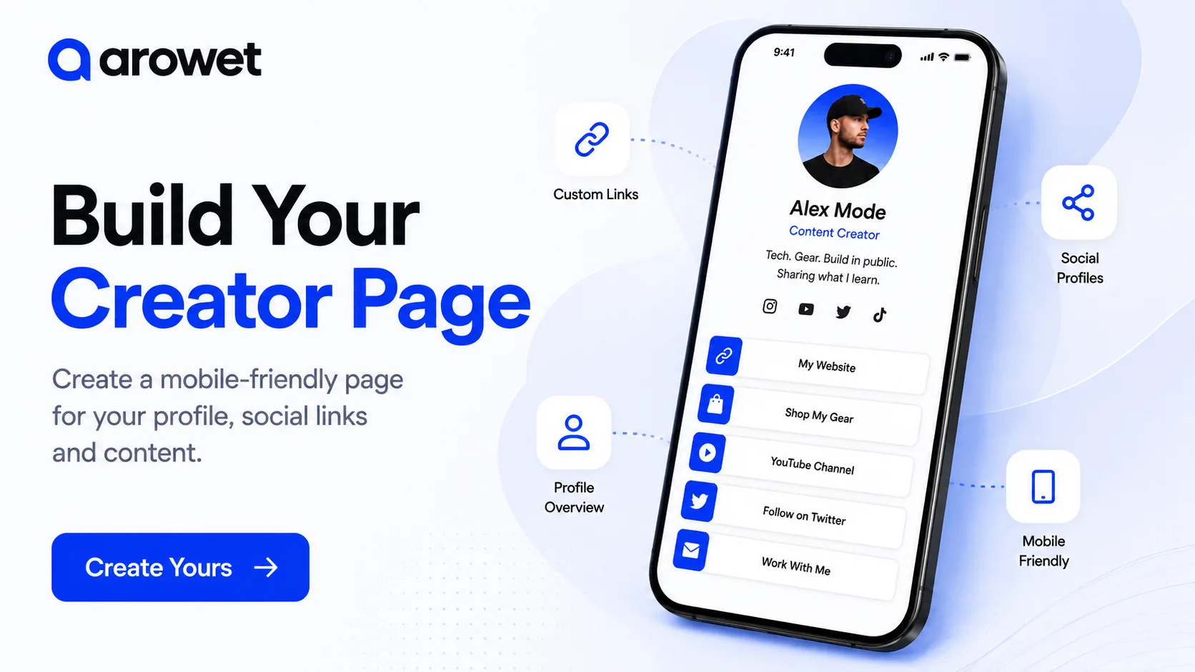 Arowet creator page showing profile information, social media links and mobile-friendly bio links